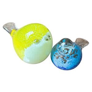 2 Art Glass Birds Speckled Yellow & Blue w/ Gold Flecks Modern Paperweights GUC